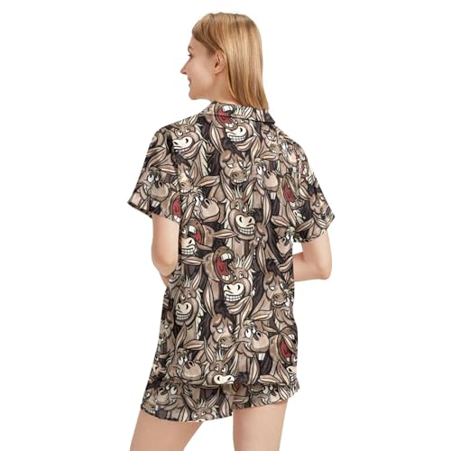 Image of Funny Pajamas for Women Set Print Satin Loungewear Pjs Short Sleeve Button Down Top and Shorts Sets Sleepwear XS-3XL