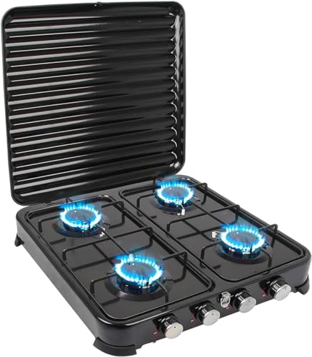 Fornello A Gas 4 Fuochi – Per Cucina All'aperto, Campeggio E Emergenze, Con Paravento Antivento E Ripiani Laterali