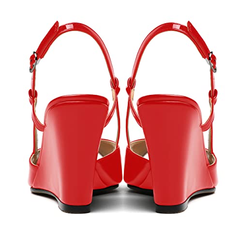 WAYDERNS Womens Patent Peep Toe Slingback Buckle Dating Adjustable Strap Casual Wedge High Heel Pumps Shoes 3.3 Inch4