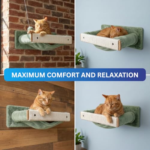 Image of Wall-Mounted Cat Perch with Scratching Post, Plush Cushion, Beige and Grey, Space-Saving Hammock Bed, (24X6 INCH) FURR- 151 (Green)