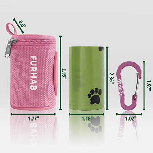 Image of FURHAB Dog Poop Bag Holder for Leash Doggie Waste Bag Dispenser Soft Fabric Puppy Potty Carrier Small Doggy Zipper Pouch with Carabiner Clip 1680D Nylon Oxford with 1 Roll of Pet Trash Bags, Pink