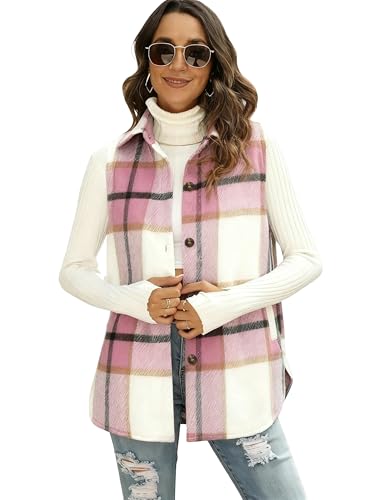 Tanming Women's Plaid Vest Brushed Flannel Sleeveless Shacket Shirt Jacket with Pockets (Pink-XL)