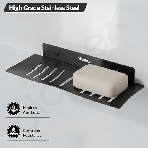 Image of Plantex Stainless Steel Double Soap Dish /Stand /Holder /Tray for Bathroom and Kitchen /Bathroom Accessories - Wall Mount (Black)