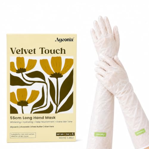 Image of Velvet Touch Hand Mask Gloves 55cm | Treatment for Dry Hands with Shea Butter, Aloe Vera, Avocado, Glycerin | Care Mitts for Whitening, Brightening, Moisture, Repair | Treatment for Dry Hands with Shea Butter, Aloe Vera, Avocado,Glycerin | Nourishes Nails & Cuticles | At-Home Manicure