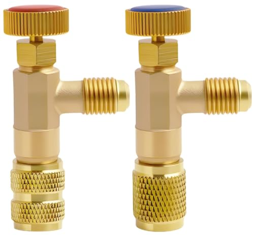 2 Piezas Válvula de Seguridad Aire Acondicionado R22 R410A, Válvula de Conector de Carga de Refrigerante de Latón, Valvula de Aire Acondicionado Conexion Rapida de Seguridad Herramientas