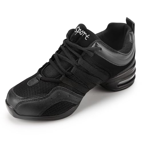 Padgene Scarpe Jazz Donna Scarpe da Ginnastica Lacci Cuscino Traspirante Signore Suole Divise Scarpe da Danza a Camminare Sportive, A - Negro Clásico, 39 EU