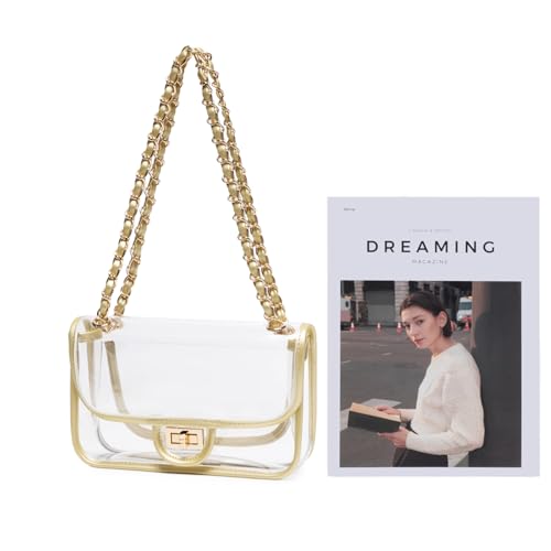 Image of Womens PVC Clear Purse Handbag with Chain Stadium Approved Clear Bag See Through Bag for Working and Concert