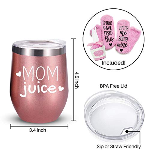 Mom Gift Set | Mom Juice Wine Tumbler + Cupcake Wine Socks | Stainless Steel 12 oz St   emless Wine Tumbler with Lid + Wine Socks | Funny Gifts for Mom, Mom Gifts, Birthday Gifts for Mom