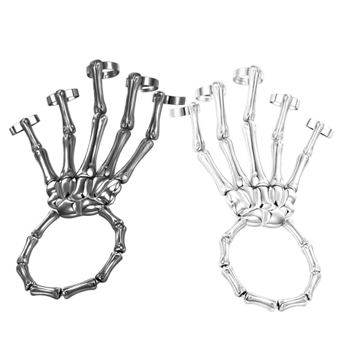 Image of LAKIYOYO 4pcs Halloween Skull Skeleton Hand Bracelet with Ring Punk Wristband Skull Fingers Hand Bracelet Skeleton Ring Hallowmas Gifts Jewelry