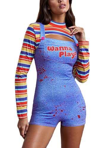 Damen Halloween Killerpuppe Kostüm Gestreift Langarm Vorne Hohl Slim Fit Crop Top mit Bodysuit Chucky Kostüm für Cosplay Party (C-Blue, L)