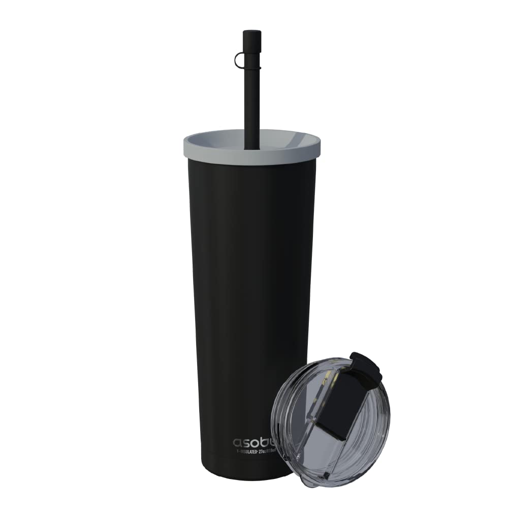 asobu Ocean Stainless Steel Tumbler with Flexible Straw Lid | Insulated Water Bottle for Ice Coffee, Cold Brew | Flip Open Lid for Hot Tea and Coffee | Reusable Travel Cup 27 Ounce (Black)