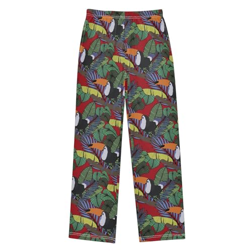 Parrot Topical Leaves Boys Long Pants Soft Trousers Elastic Waist Kids Lounge Bottoms with Pockets S-XL