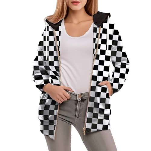 Womens Zip Front Plaid Sweatshirts Print Hoodie Fall Jackets Long Sleeve Casual Drawstring Clothes3