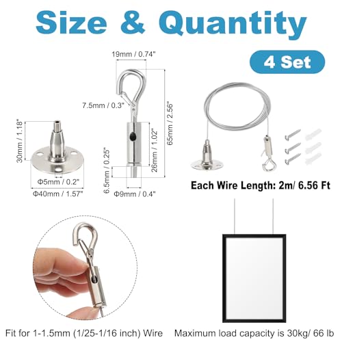 Image of PATIKIL 4 Pcs Adjustable Picture Hanging Wire Kit, 2m /6.6ft Fit for 1.5mm Wire Heavy Duty PVC Coated Stainless Steel Wire Rope Hanger Hardware with Hanging Disc for Hanging Mirrors, Frames