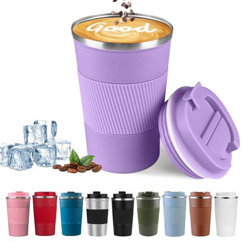 YINBAOGE Insulated Travel Coffee Mug Spill Proof Leak Proof Pobtable To Go Camping Stainless Steel Coffee Tumbler Reusable Coffee Cups with Lids Thermos for Hot and Cold Drink (Purple