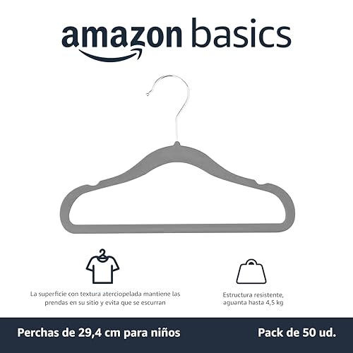 Miniatura 2 de Amazon Basics Perchas de terciopelo antideslizante para niños y bebés, 29,46 cm, paquete de 50, Gris