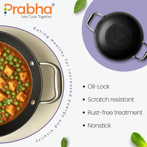 Image of Prabha Induction Base Kadhai 2.4 Litre | Non Stick Black Eisen Cast Iron IB Kadai 24 cm | Cooking Kadai for Deep Frying | Gas & Induction Bottom | Cookware kadai with Steel Handle (Black)