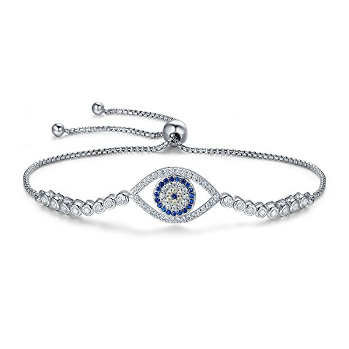 Qings Braccialetto Regolabile per Evil Eye Bracciale Realizzato in Argento 925 con Cristalli Blu, Placcato Oro Bianco, Regalo per Donna Ragazza