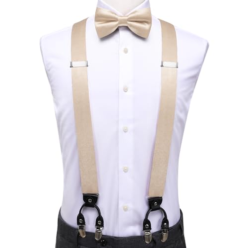 Image of Dubulle Suspender and Bow Tie for Men Paisley Solid Mens Suit Braces Pretied Bowtie and Handkerchief Cufflinks Formal Wedding