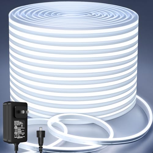 Lamomo Neon LED Rope Light 32.8ft, White LED Strip Lights 1.96in/Cut, 6000K Waterproof Flexible Silicone 24V Led Strip for DIY Neon Sign Bedroom Indoor Outdoor Decor（Power Adapter Included）
