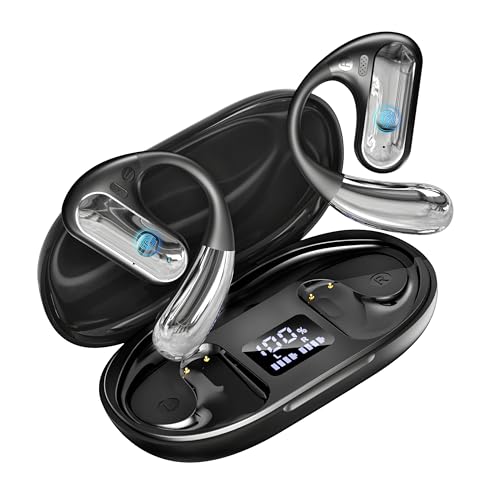 Image of Open Ear Headphones with Mic, Over Ear Wireless Earbuds Ergonomic Earhook 80H Playtime, Bluetooth 5.4 Earphones with LED Display Charging Case, IPX7 Waterproof Fast Charging Fit Fitness, Workouts