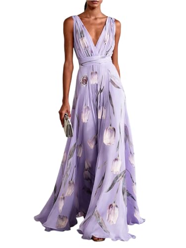Onsoyours Femme Robe De Soirée Décontractée Élégant sans Manches Col en V Longue Robes Imprime Trapèze Taille Haute Cocktail Cérémonie Maxi Dress A Violet XL