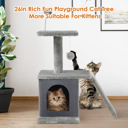 Cat Tree Cat Tower For Indoor Cats 26In, Cat Condo With Scratching Pad, Cat Tree For Large Cat With Dangling Ball, Jump Platform, Cat Tree Stand For Kittens, Cat Climbing Tower, Grey #TOP1