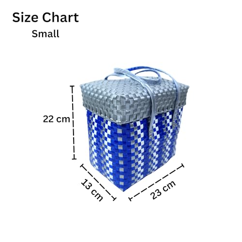 Image of Hand Made Multipurpose Plastic Basket with Lid | Eco-Friendly, Washable, Rust-Free Storage Basket for Kitchen, Picnic, Toys, Travel, Office | Lightweight basket (Blue with Grey, Small)