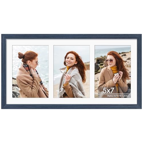 Image of DUENPY 8x16 Collage Picture Frame 5x7 Collage Picture Frame Displays Three 5x7 inch Photos or 8x16 (Without Mat) for Available Horizontal Wall Mounting Display and Vertical Navy Blue