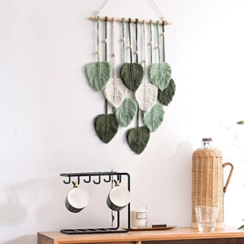EXQUILEG Makramee Wandbehang Handgemacht Wohnungs Dekorationen Boho Makramee Wandteppich Gewebte Wandbehang Blatt Feder Wanddeko (Armeegrün), 90 x 40 cm – Bild 5
