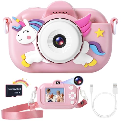 ZUODUN Kids Camera Toys for Girls Age 3-8, Kids Digital Camera Toddler Camera for 3 4 5 6 7 8 Years Old Birthday Gifts, 1080P Video Cameras with Cute Protective Cover & 32GB SD Card