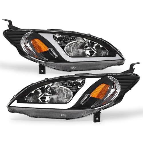TLAPS 7422438499462 Compatible With 2004-2005 Honda Civic 4 Door Sedan / 2 Door Coupe DRL LED Strip Bar Black Housing Headlights With Amber Reflector