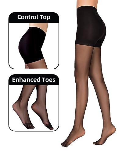 Citystl 2 Pairs Black Sheer Tights for Women, 30D Control Top Pantyhose with Reinforced Toes3