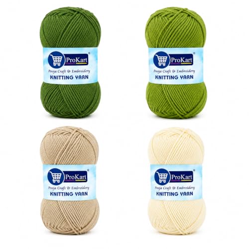 Image of ProKart - 4 Ply Plush & Cuddly for Knitting | Pastel Yarn for Baby Toys & DIY Crafts | 100g, Pack of 4 (Turtle Green, Sap Green, Light Beige, Off-White)