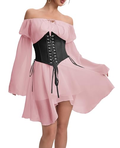 Image of Womens Corset Dresses Off Shoulder Bell Sleeve Casual Party Fairy Two Piece Outfits Bustier Dress