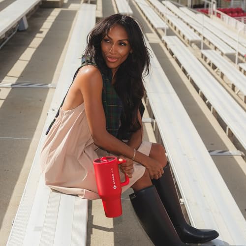 HydroJug Traveler - 32 oz Water Bottle with Handle & Flip Straw - Fits in Cup Holder, Leak Resistant Tumbler-Reusable Insulated Stainless Steel & Rubber Base - Gifts for Women & Men, Alumni Red #5