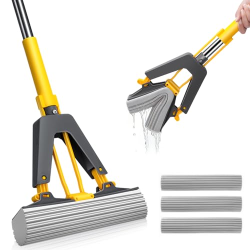 MASTERTOP Easy Floor Cleaner with Self-Squeeze Wringing Hands-Free Extended Highly-Absorbent PVA Sponge Mop for Laminate Tile Hardwood Floor - Send 3pcs Sponge Mop Heads