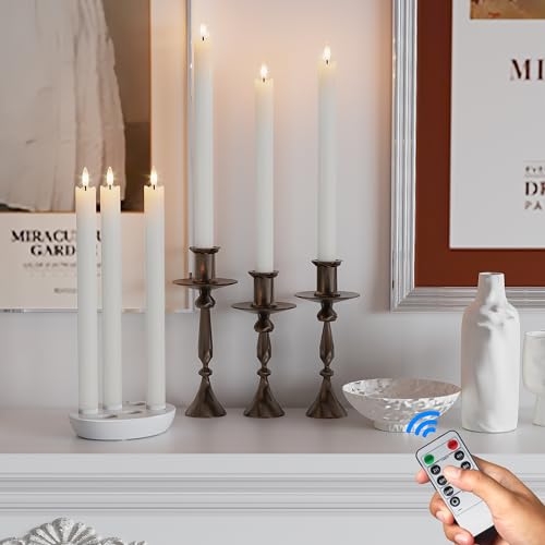 Image of Rechargeable Flameless Taper Candles with Remote, Charging Base, 6 Pcs | 0.78x9.6 inch white wax LED tapers, 3D flicker, 2.5-hour USB-C charge, up to 160-hour runtime for Home Wedding Christmas Decor