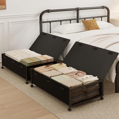 Image of 2 Pack Under the Bed Storage Containers,10 inch Height Under Bed Shoe Storage,31inch Long Underbed Storage with Wheels,Large Rolling under bed Clothes Storage Drawers with Lid for Dorm Tall ,Black