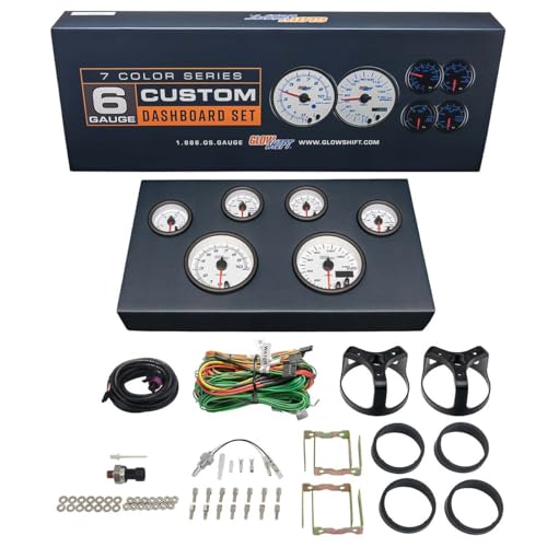 GlowShift White 7 Color 6 Gauge Custom Dashboard Cluster Set - 3-3/8" (85mm) Speedometer & Tachometer - 2-1/16" (52mm) Fuel Level, Oil Pressure, Water Temp & Volt Gauges - Includes Sensors & Wiring