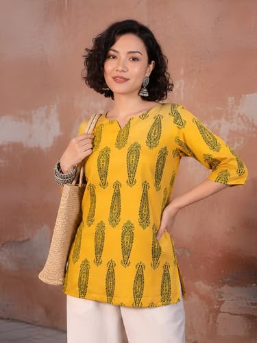 Image of Pinkmint Women Short Kurti | Cotton Blend Printed Tunic Top | Trendy Casual Top | Casual & Office Wear Ethnic Top for Jeans