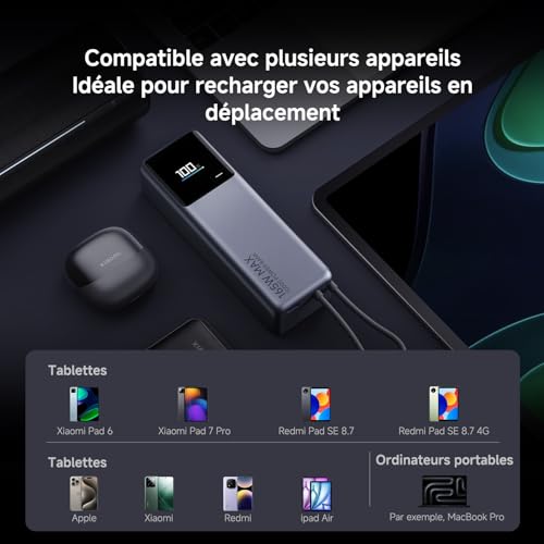 Xiaomi 165W Power Bank 10000mAh avec câble USB-C, 165W Double Ports, Charge Automatique 90W, Batterie Lithium-ION, qualité aéronautique, pour iphone, Samsung, MacBook, Xiaomi, Pixel
