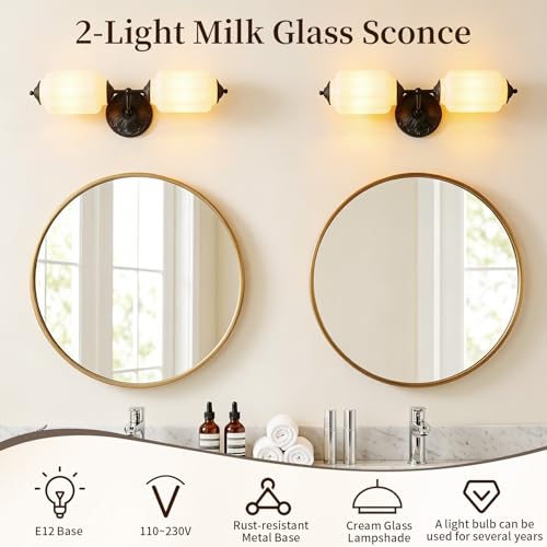 Micnce Vintage Milk Glass Bathroom Vanity Light, 2-Light, Black by Micnce - Used condition - Image 3
