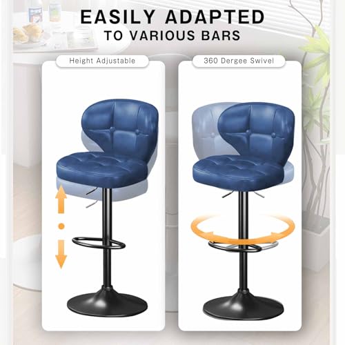 Image of Bar Stools Set of 4, Adjustable Swivel Bar Chairs with Backrest and Footrest, Modern PU Leather Upholstered Counter Height Stools for Kitchen Island, Bar, Dining Room Blue