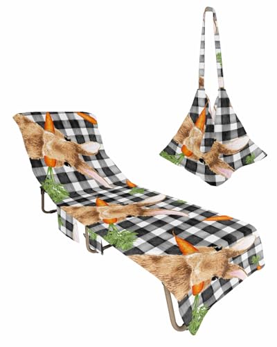 Easter Bunny Carrot Beach Lounge Chair Towel Cover, Soft Chaise Lounge Towel with Side Pockets Patio Pool Chairs Cover for Beach/Pool Sunbathing 29x85 Black White Plaid Watercolor