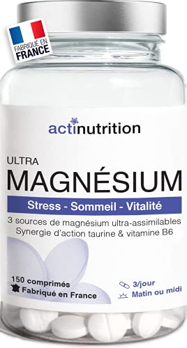 ULTRA Magnésium | Bisglycinate, Citrate et Malate de Magnésium Ultra-assimilables | 414mg/j 150 comprimés | Taurine et B6 | Stress, Sommeil et Vitalité | Fabriqué en France par Actinutrition