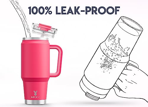 Image of Meoky 32 oz Tumbler with Handle, Insulated Tumbler with Lid and Straw, Stainless Steel Travel Mug, Keeps Cold for 24 Hours, 100% Leak Proof, Fits in Car Cup Holder (Ruby)