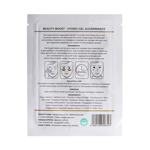 YEAUTY BEAUTY BOOST EYE PAD MASK, die superweichen Augenpads mit dem luxuriösen Anti-Aging Serum aus Ceramide, Hyaluron und Bakuchiol reduziert Augenringe und glättet die Augenpartie - 1 Pack