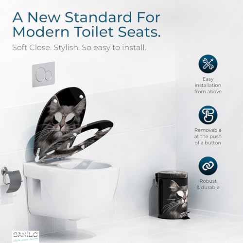 Image of Sanilo Wooden Toilet Seat with Quick Release & Soft Close [ROUND] - Decorative & Slow Close Molded Wood Seat - With One Click for Easy Installation & Cleaning - With Adjustable Fit (Cool Cat)