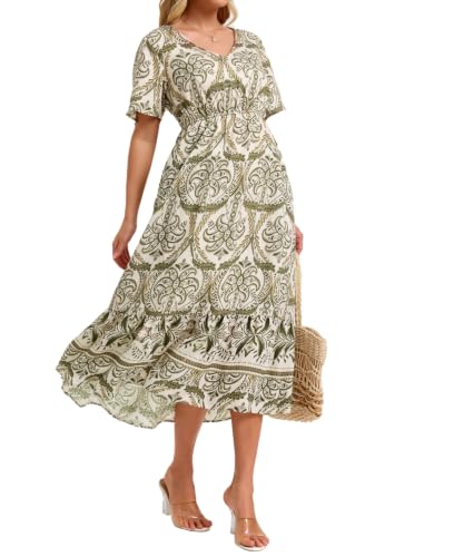 Image of Women's Summer Short Sleeve Maxi Floral Flowy Dresses with Pockets